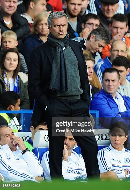 Chelsea manager Jose Mourinho looks on from the sidelines during the Barclays Premier League match between Chelsea and Cardiff City at Stamford...