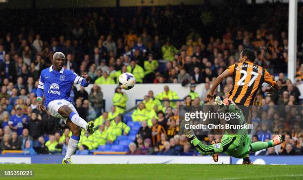 Arouna Kone of Everton shoots at goal as Allan McGregor of Hull City attempts to save during the Barclays Premier League match between Everton and...