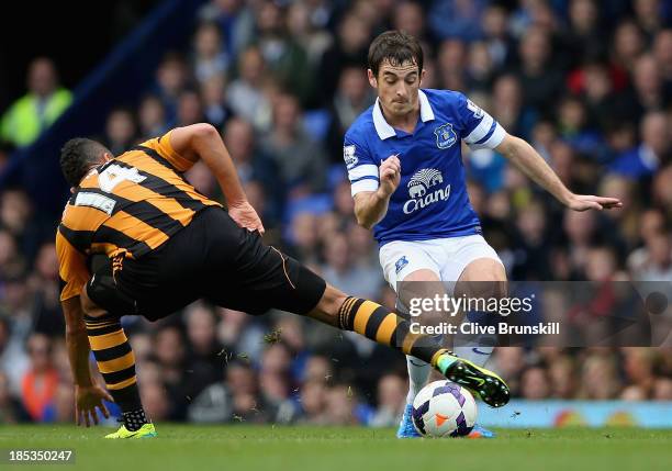 Leighton Baines of Everton is tackled by Jake Livermore of Hull City during the Barclays Premier League match between Everton and Hull City at...