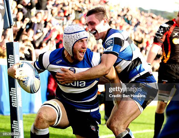 Mat Gilbert of Bath celebrates after scoring a try during the Amlin Challenge Cup match between Bath and Newport Gwent Dragons at Recreation Ground...