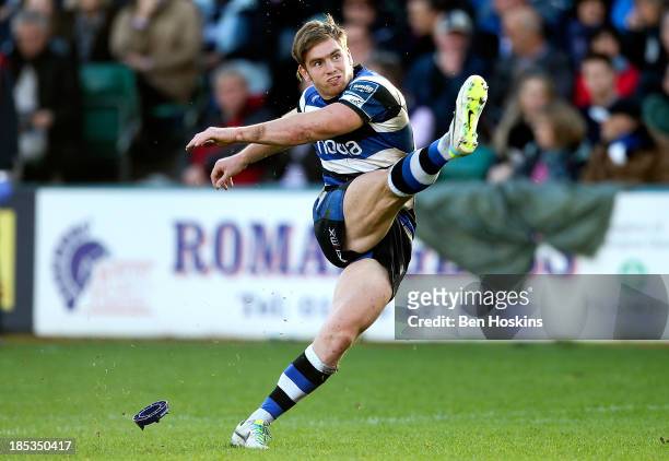 Tom Heathcote of Bath kicks a penalty during the Amlin Challenge Cup match between Bath and Newport Gwent Dragons at Recreation Ground on October 19,...