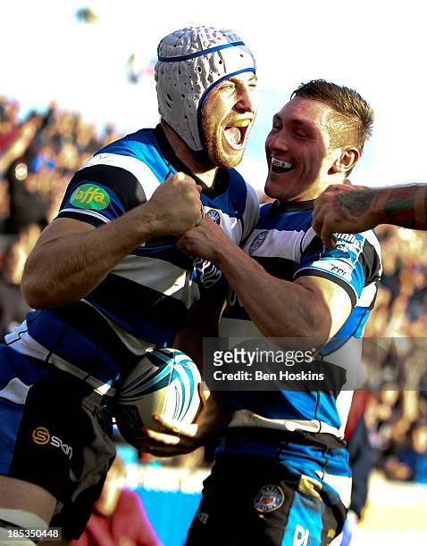 Mat Gilbert of Bath celebrates after scoring a try during the Amlin Challenge Cup match between Bath and Newport Gwent Dragons at Recreation Ground...