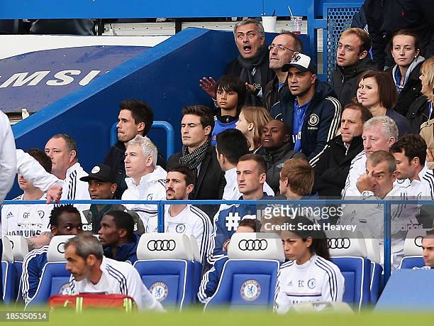 Chelsea manager Jose Mourinho shouts instructions from the stands after being sent off during the Barclays Premier League match between Chelsea and...