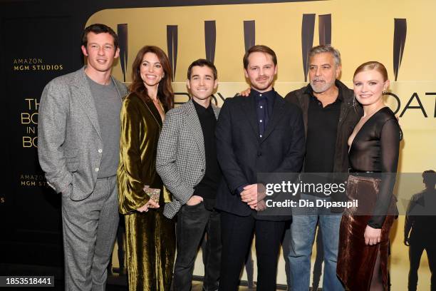 Callum Turner, Courtney Henggeler, Luke Slattery, Sam Strike, George Clooney, and Hadley Robinson attend "The Boys In The Boat" New York Screening at...