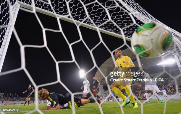 Anton Saletros of Sweden scores the third goal during the FIFA U17 World Cup group F match between Iraq and Sweden at Khalifa Bin Zayed Stadium on...
