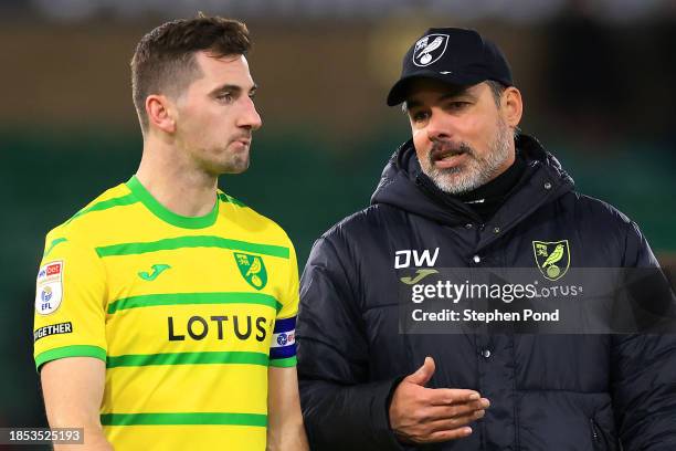 David Wagner, Manager of Norwich City speaks to Kenny McLean following the Sky Bet Championship match between Norwich City and Sheffield Wednesday at...