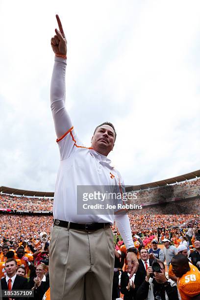 Head coach Butch Jones of the Tennessee Volunteers celebrates after the game against the South Carolina Gamecocks at Neyland Stadium on October 19,...