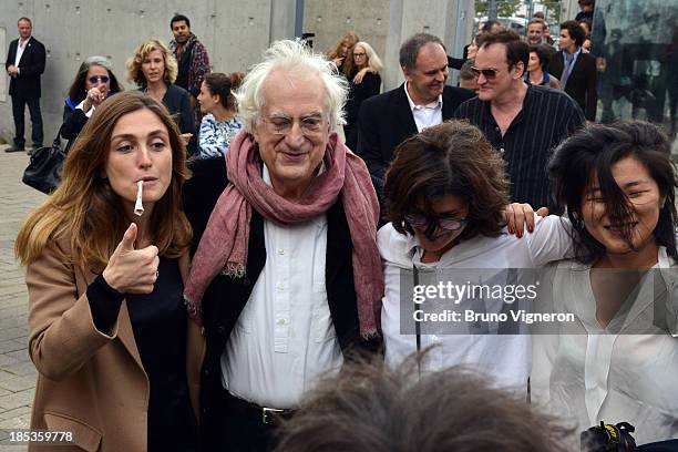 Julie Gayet, Bertrand Tavernier and Quentin Tarentino during the re-production of a French, short, black-And-White, silent documentary film directed...