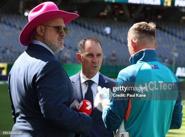 Commentators Justin Langer and Matthew Hayden speak to Marnus Labuschagne during day one of the Men's First Test match between Australia and Pakistan...