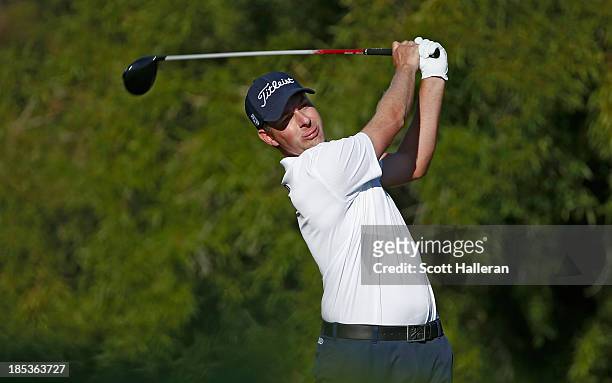 Webb Simpson watches his tee shot on the 13th hole during the third round of the Shriners Hospitals for Children Open at TPC Summerlin on October 19,...