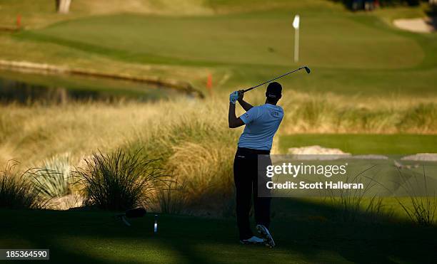 Webb Simpson watches his tee shot on the 17th hole during the third round of the Shriners Hospitals for Children Open at TPC Summerlin on October 19,...