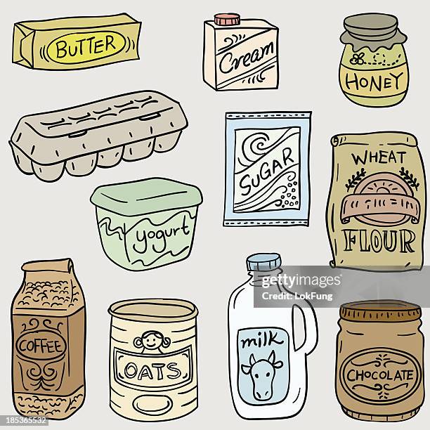 dairy food in black and white - illustration - yogurt container stock illustrations