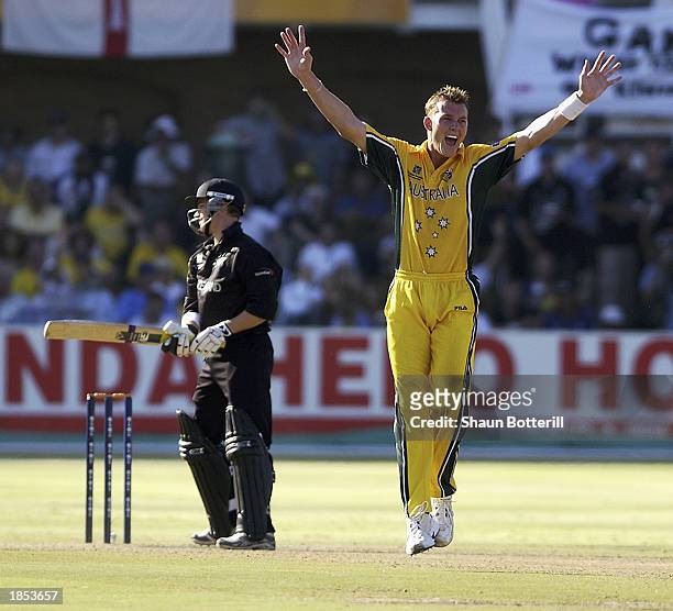 Brett Lee of Australia takes the wicket of Brendon McCullum of New Zealand during the ICC Cricket World Cup 2003 Super Sixes match between Australia...