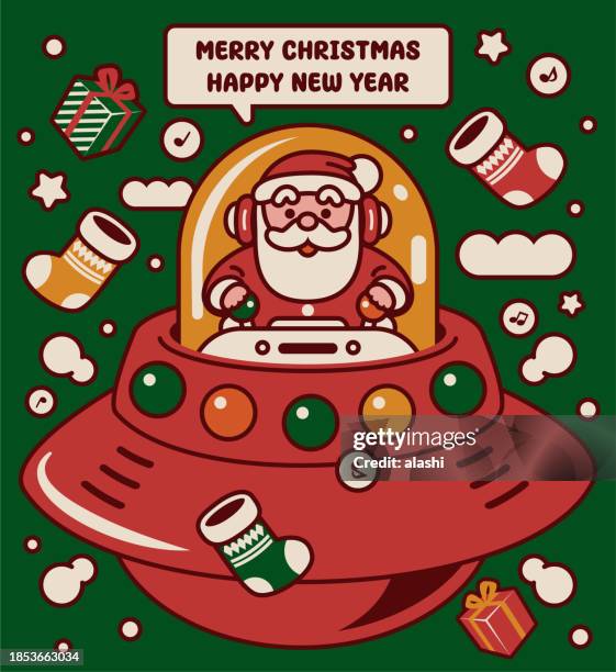 bildbanksillustrationer, clip art samt tecknat material och ikoner med adorable santa claus wearing a headset is piloting a ufo or unlimited power spaceship traveling around the world to wish you a merry christmas and a happy new year - christmas plane