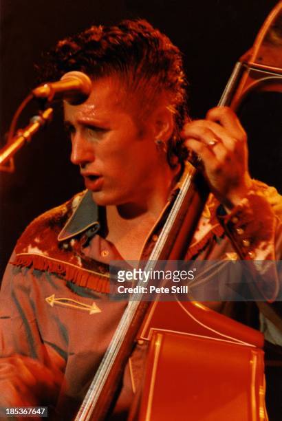 Lee Rocker of The Stray Cats performs on stage at the Town & Country Club, on October 6th, 1992 in London, England.