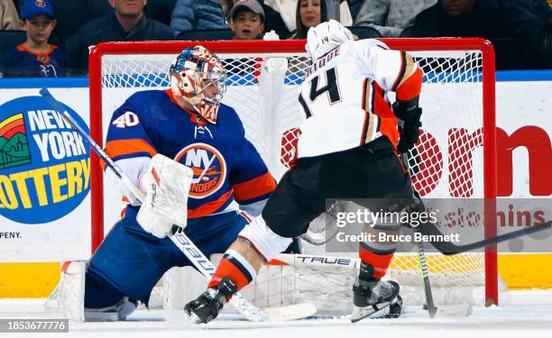 Adam Henrique of the Anaheim Ducks scores a second period goal against h40at UBS Arena on December 13, 2023 in Elmont, New York.