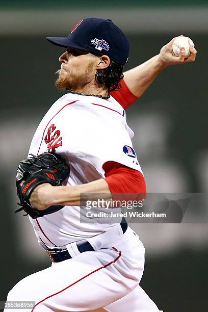 Clay Buchholz of the Boston Red Sox throws a pitch in the first inning against the Detroit Tigers during Game Six of the American League Championship...