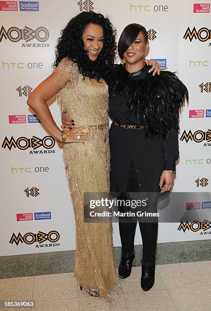 Kanya King and Gabrielle pose at the 18th anniversary MOBO Awards at The Hydro on October 19, 2013 in Glasgow, Scotland.