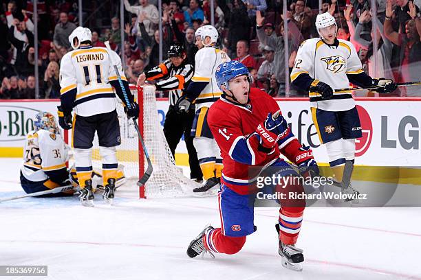 Brendan Gallagher of the Montreal Canadiens celebrates his second period goal during the NHL game against the Nashville Predators at the Bell Centre...