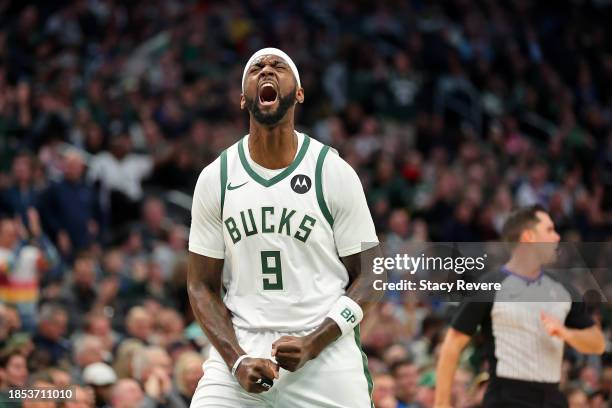 Bobby Portis of the Milwaukee Bucks reacts to a score during the first half of a game against the Indiana Pacers at Fiserv Forum on December 13, 2023...