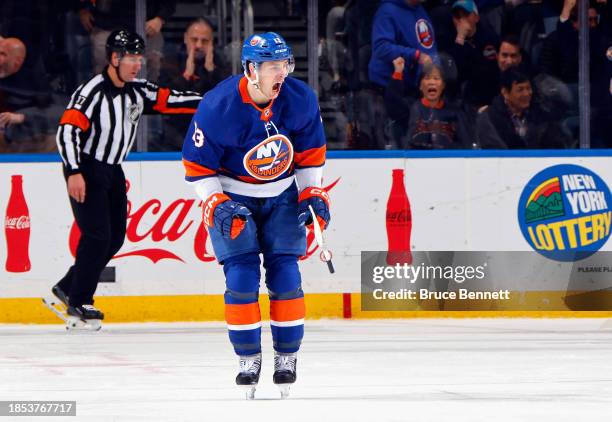 Mathew Barzal of the New York Islanders celebrates his powerplay goal against the Anaheim Ducks at 7:46 of the third period at UBS Arena on December...