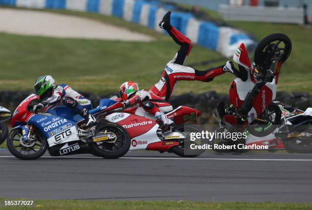 Miguel Oliveira of Portugal and rider of the Mahindra Racing Mahindra crashes out during the Moto3 race at the Australian MotoG at Phillip Island...