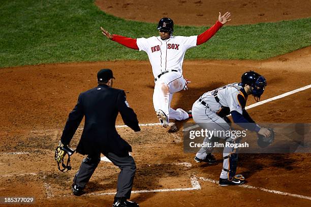 Xander Bogaerts of the Boston Red Sox scores a run off of Jacoby Ellsbury single to right against Max Scherzer of the Detroit Tigers in the fifth...