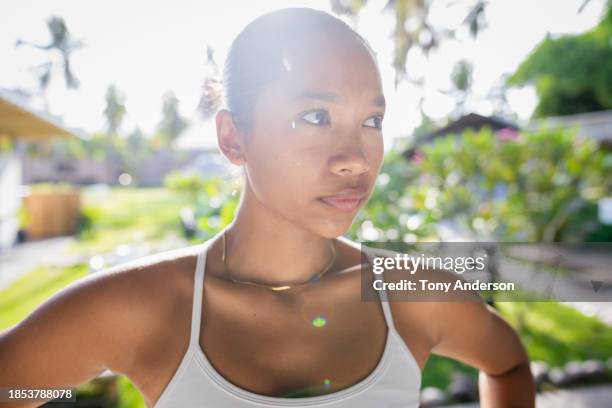 portrait of young woman martial arts fighter in outdoor gym - short necklace stock pictures, royalty-free photos & images