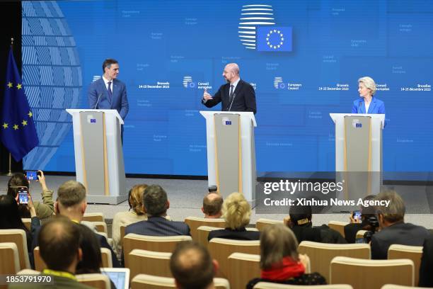 Spanish Prime Minister Pedro Sanchez, European Council President Charles Michel, and European Commission President Ursula von der Leyen L to R attend...