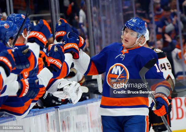 Simon Holmstrom of the New York Islanders celebrates his game-winning shorthanded goal against the Anaheim Ducks at 18:27 of the third period at UBS...