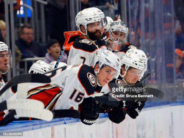 The Anaheim Ducks watch the closing seconds of their 4-3 loss to the New York Islanders at UBS Arena on December 13, 2023 in Elmont, New York.