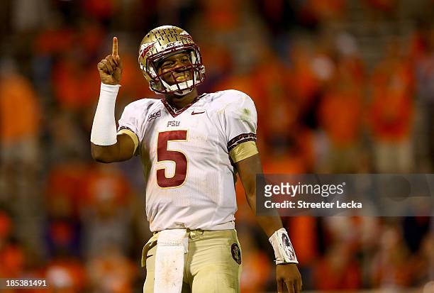 Jameis Winston of the Florida State Seminoles celebrates after defeating the Clemson Tigers 51-14 at Memorial Stadium on October 19, 2013 in Clemson,...