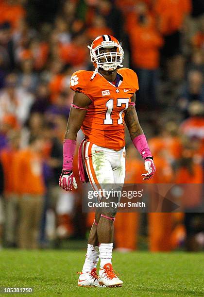 Bashaud Breeland of the Clemson Tigers walks off the field after being disqualified for targeting during the game against the Florida State Seminoles...
