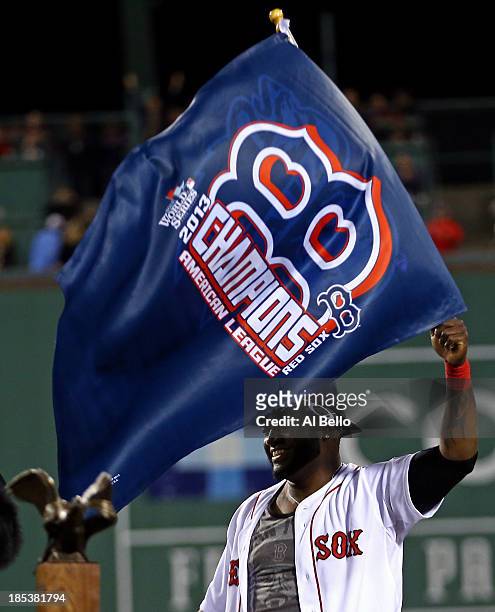 David Ortiz of the Boston Red Sox celebrates after defeating the Detroit Tigers in Game Six of the American League Championship Series at Fenway Park...