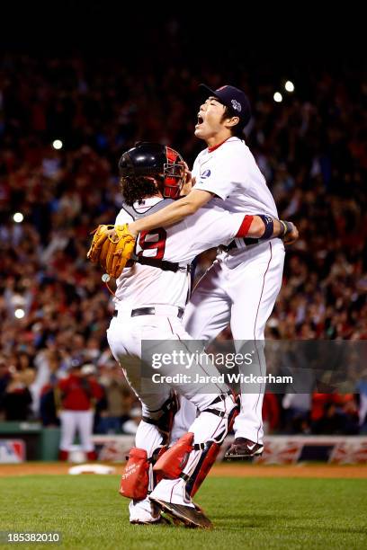 Koji Uehara Jarrod Saltalamacchia of the Boston Red Sox celebrate after defeating the Detroit Tigers in Game Six of the American League Championship...