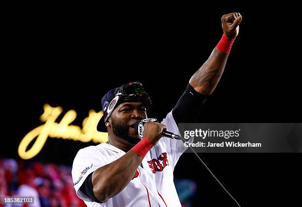 David Ortiz of the Boston Red Sox celebrates after defeating the Detroit Tigers in Game Six of the American League Championship Series at Fenway Park...