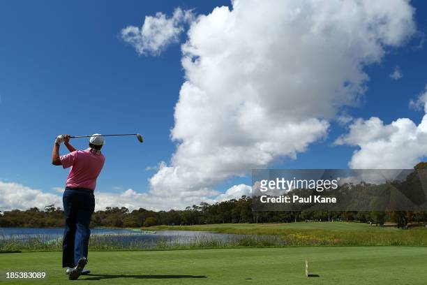 Bo Van Pelt of the United States tees off on the 3rd hole during day four of the Perth International at Lake Karrinyup Country Club on October 20,...