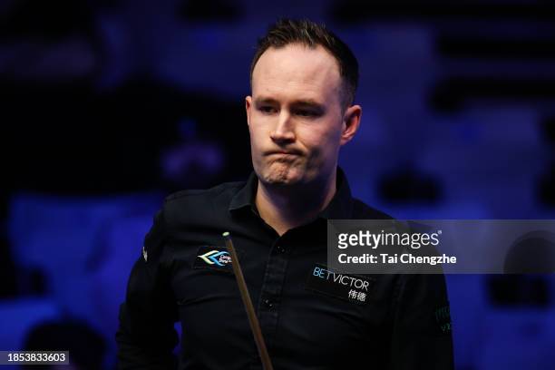 Martin O'Donnell of England reacts in the second round match against Luca Brecel of Belgium on day 3 of the 2023 BetVictor Scottish Open at the...