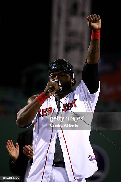 David Ortiz of the Boston Red Sox celebrates after defeating the Detroit Tigers in Game Six of the American League Championship Series at Fenway Park...