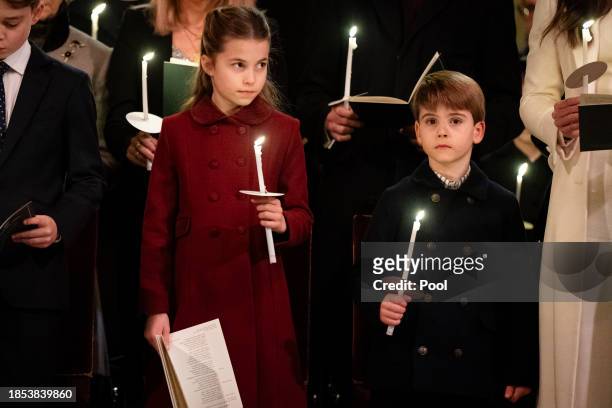 Princess Charlotte and Prince Louis during the Royal Carols - Together At Christmas service at Westminster Abbey on December 8, 2023 in London,...
