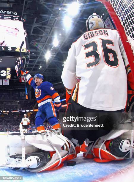Jean-Gabriel Pageau celebrates the game-winning goal by Simon Holmstrom of the New York Islanders during the third period against John Gibson of the...