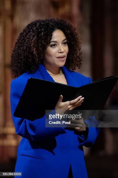 Leonie Elliott gives a reading during the Royal Carols - Together At Christmas service at Westminster Abbey on December 8, 2023 in London, England.