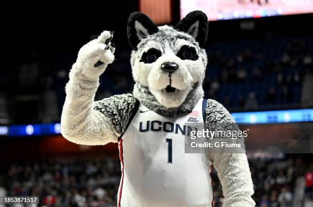 The UConn Huskies mascot performs during the game against the North Carolina Tar Heels at Mohegan Sun Arena on December 10, 2023 in Uncasville,...