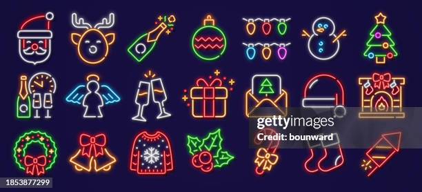 illustrazioni stock, clip art, cartoni animati e icone di tendenza di icone al neon di natale - neon light icon