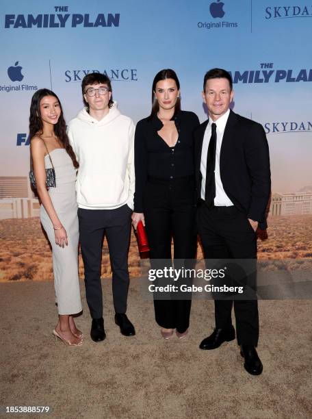 Sunni Gaines, Michael Wahlberg, Rhea Durham and Mark Wahlberg attend "The Family Plan" world premiere at The Chelsea at The Cosmopolitan of Las Vegas...