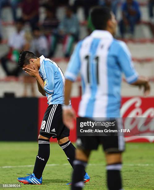 Luis Leszczuk and Marcos Astina of Argentina react during the FIFA U-17 World Cup UAE 2013 Group E match between Iran and Argentina at Al Rashid...