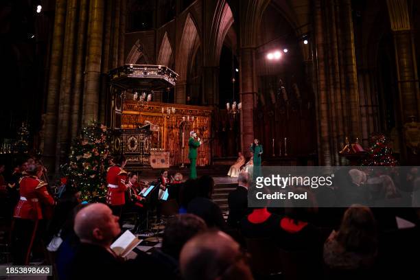 Adam Lambert and Beverley Knight perform during the Royal Carols - Together At Christmas service at Westminster Abbey on December 8, 2023 in London,...