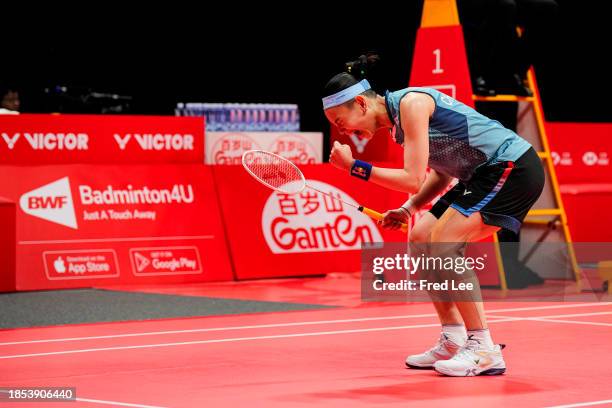 Tai TzuYing of Chinese Taipei celebrates victory in the Women's Singles final match against Carolina Marin of Spain during BWF World Tour Finals 2023...