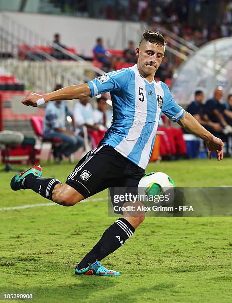 German Ferreyra of Argentina controles the ball during the FIFA U-17 World Cup UAE 2013 Group E match between Iran and Argentina at Al Rashid Stadium...