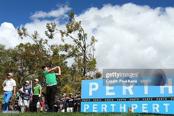 Jin Jeong of Korea tees off on the 17th hole during day 4 of the Perth International at Lake Karrinyup Country Club on October 20, 2013 in Perth,...